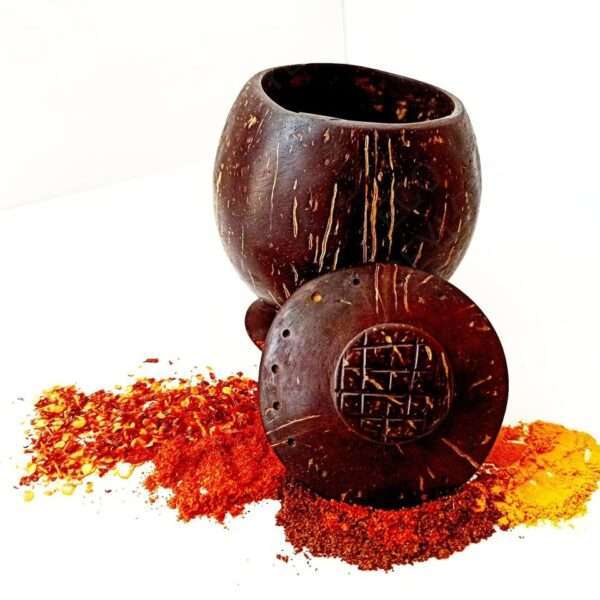 Eco Ceylon Coconut Shell Spice Bottle made out of polish Coconut Shells side view