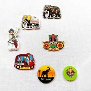 Fridge magnet featuring Sri Lankan culture with mask, Kandyan dancer , elephant and three weelar