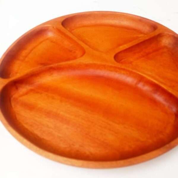 wood Diet plate plate in mahogany brown color which is divided in to 4 sections