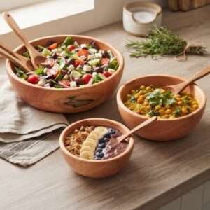 Handcrafted wooden bowl set of 3 filled with fresh salad, chickpea curry, and a fruit smoothie bowl on a wooden tabletop