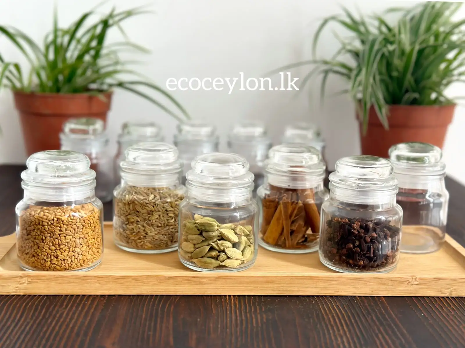 Aesthetic glass spice jars organized on kitchen rack