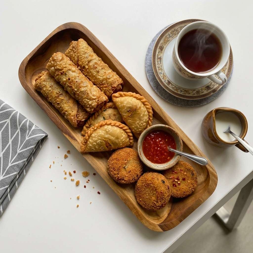 Teak wood platter with short eats and a sauce bowl, next to a cup of tea