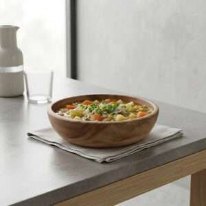 Wooden soup bowl filled with vegetable soup on a napkin